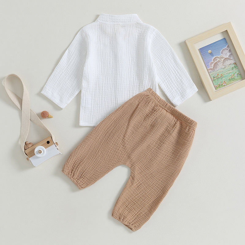 0-4Y Kids Boys Summer Fall Outfits Baby Solid Color Buttons Long Sleeve Shirts Tops + Elastic Waist Long Pants Boys Clothes Sets