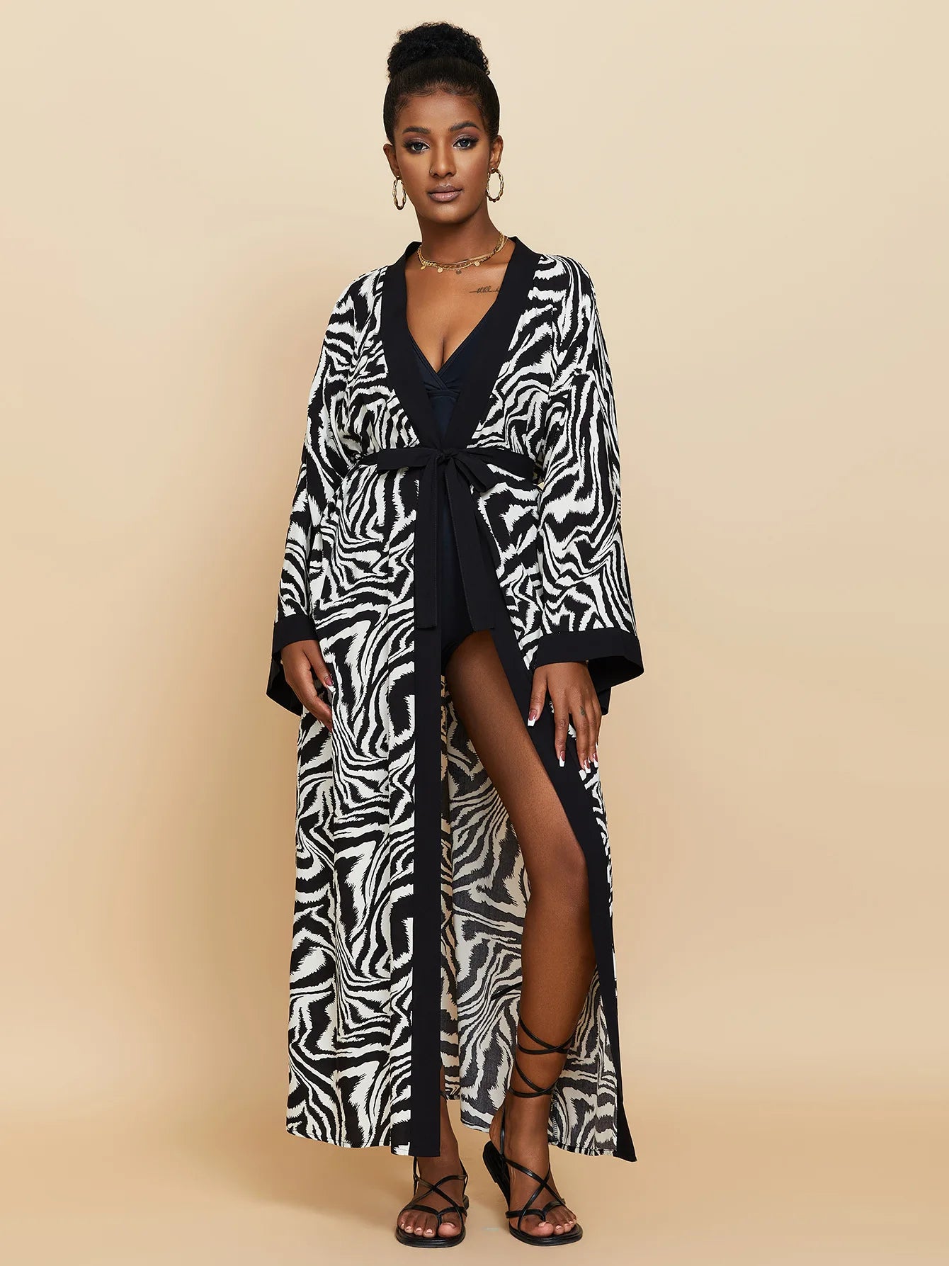 Zebra Beach Cover Ups for Women Long Sleeve Kimono Dress Self Belted Rayon Elegant Pareo 2023 Bathing Suits Holiday Beachwear