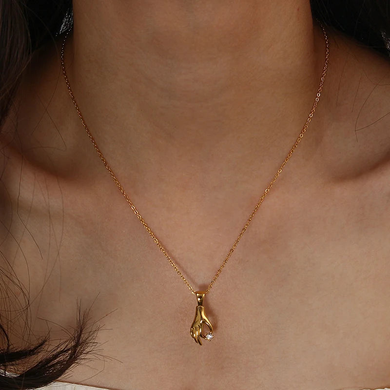 Dancy Fairy Stainless Steel Shiny Stone Abstract Palm Pendant Necklace for Women 18K Gold Color Hand Pick Star Charm Necklace