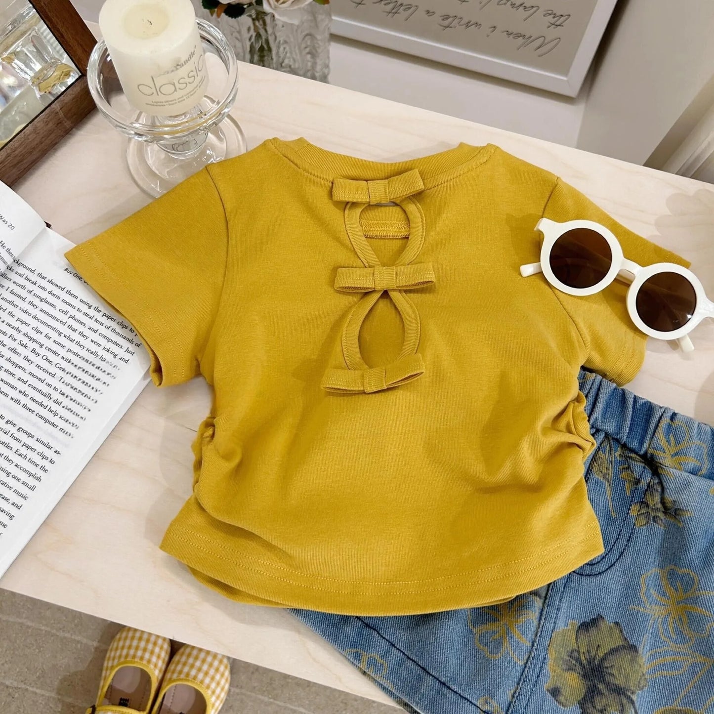 Girls' Summer Clothing New Style Kindergarten Baby Western Bow T-shirt Denim Short Skirt Two Piece Set Western Trendy