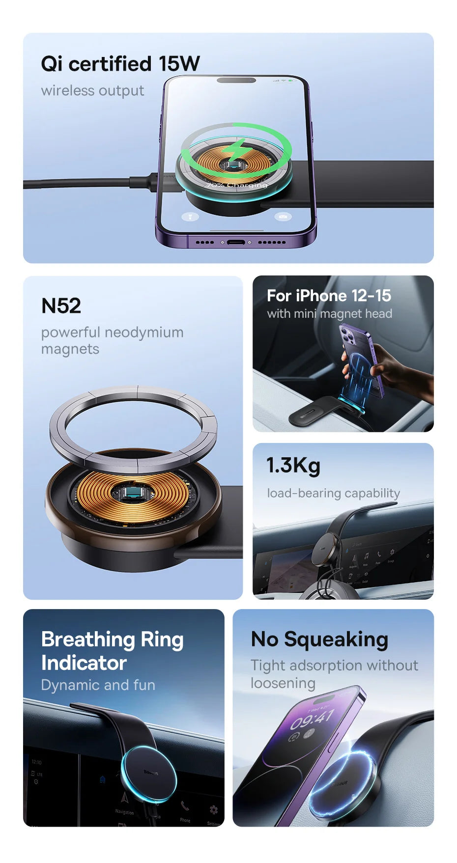 Baseus Magnetic Wireless Charger Car Phone Holder 15W Fast Charging Wireless Car Charger Holder For iPhone 16 15 14 13 Car Mount