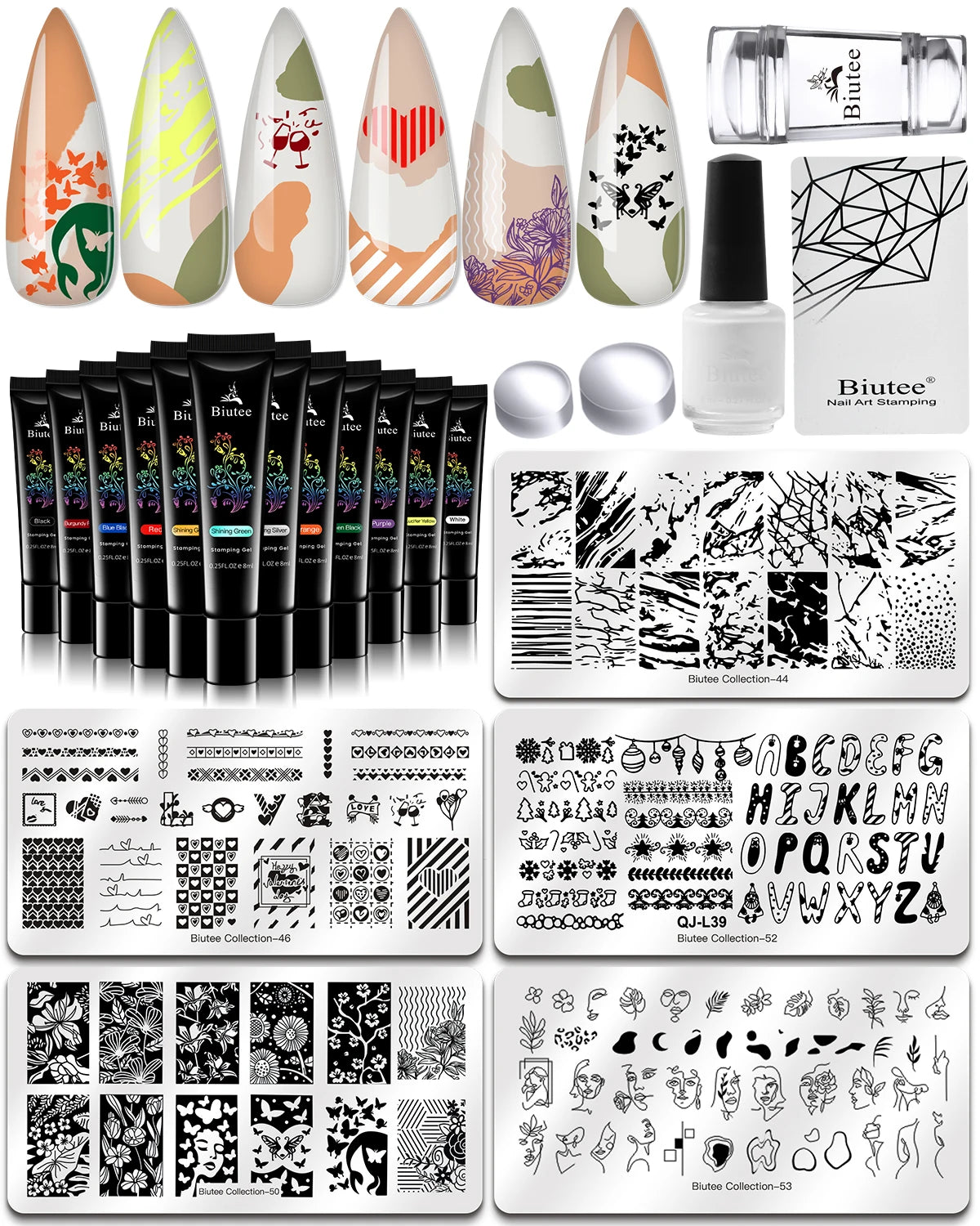 BIUTEE Nail Stamping Gel Polish Set 12 Colors Templates Stamp Print Oil UV Gel Varnish Soak Off Nail Art Kit Stamping Plate Tool