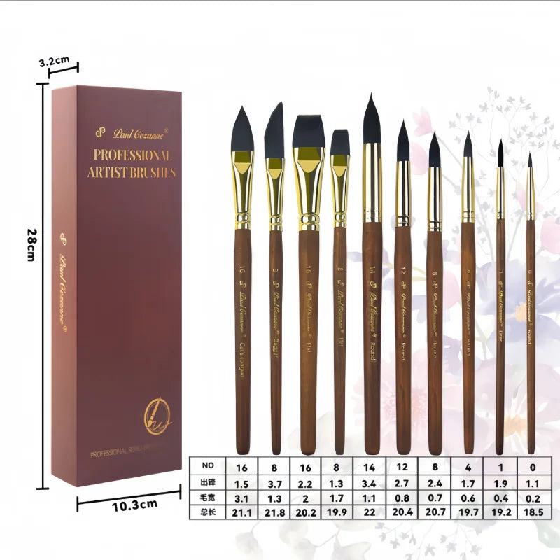 10-piece Walnut Wood Copper Tube Paint Brush Set with Synthetic Squirrel Hair Mixed Heads, Specialized Art Brushes