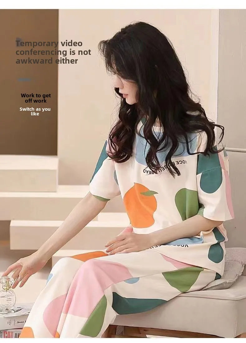 Pyjamas Set for Women‘s Short Sleeve Long Pants Student Casual Cartoon Bear Sweet Cuet Sleepwear Loungewear Romantic Nightwear