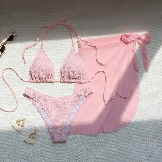 Pink Solid Color 3-piece Swimsuit Women 2026 Summer Beach Skirt Bikini V-neck Halter Backless Bathing Suit Summer Beach Swimwear