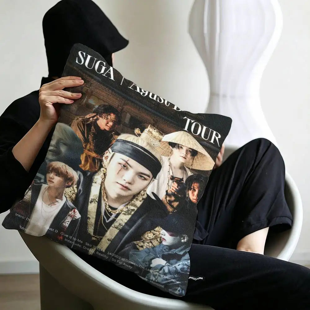 Kpop Singer S-Suga A-Agust D Office Cushion Pillowcase Car Cushion Cover45X45CM Lumbar Pillowcase Sofa Pillowcover