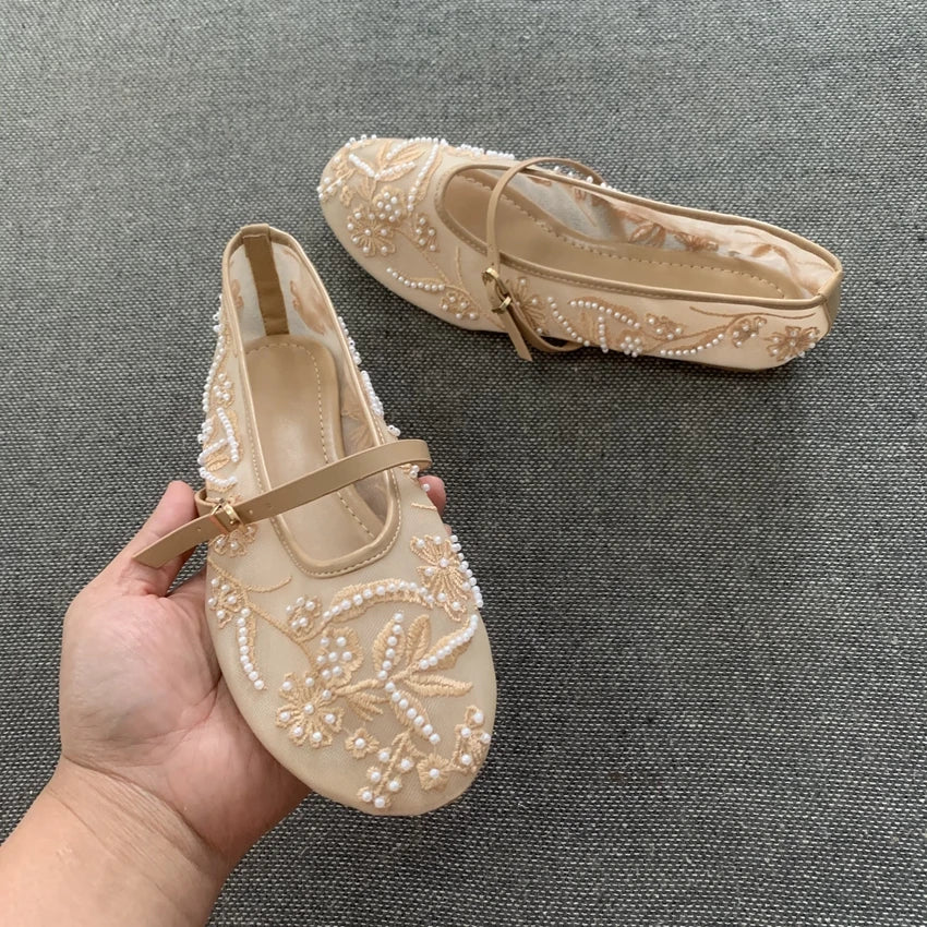 Women Design Embroidery Flowers Pearl Mesh Round Tor Buckle Strap Ballet Flats Loafers Ladies Mary Jane Shoes Woman Mules Sandal