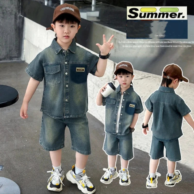 2025 Trendy Boys' Denim Set Vintage Wash Short Sleeve Shirt & Shorts 2-Piece Summer Outfit