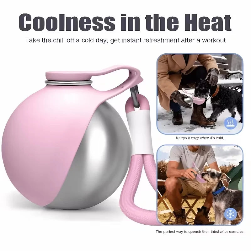 Portable spherical water bottle for pets; features a transparent, drop-resistant design with a lanyard; sealed and leak-proof.