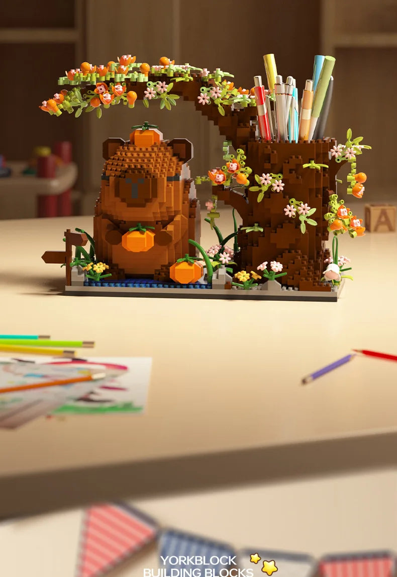 Capybara Building Block Pen Holder Multi-Function Desk Organizer for Office Supplies Cosmetics Birthday Gift Desktop Decoration