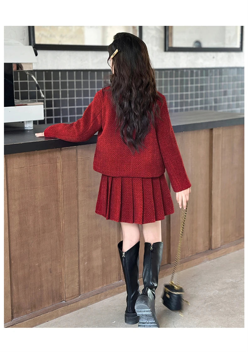 design winter teen girl clothes set beaded round neck jacket+Pleated skirt 2pcs Christma junior children outfit kids suit 4-14