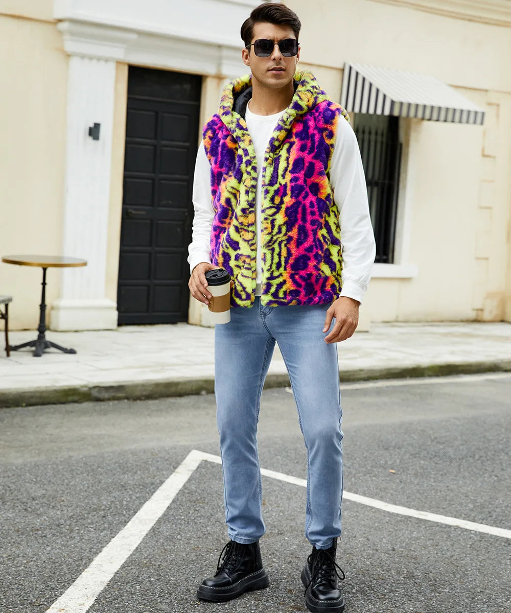 Autumn and Winter New Fashion Mens Warm Vest Imitation Fur Leopard Print Contrasting Plush Vest