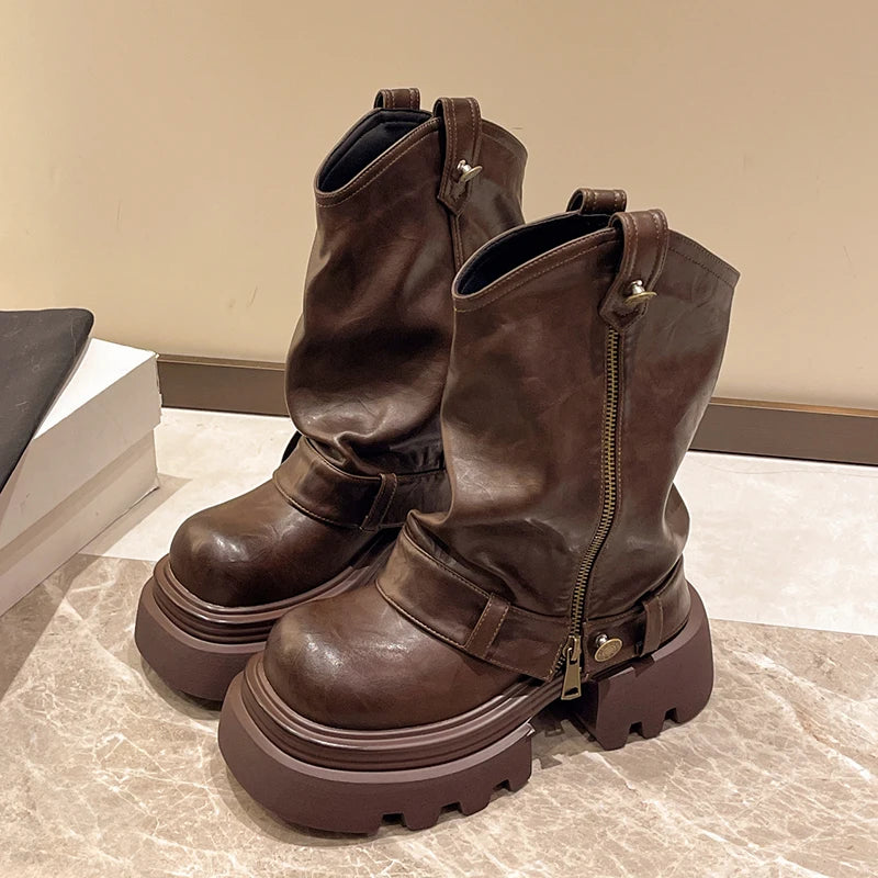 Designer Vintage Women Ankle Boots Fashion Slip On Knight Short Booties Ladies Casaul Platform Heels Botas Mujer