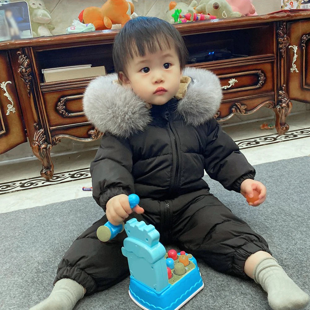 Baby Fur Hooded Jumpsuit,Waterproof -30 Degrees Snowsuits,Toddler Children's Winter Overalls,Infant Boys Girls Down Jacket 1-3T