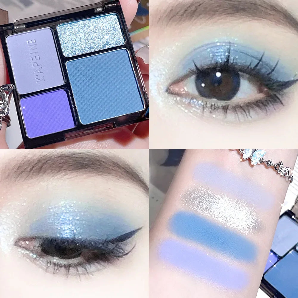 Four-color eyeshadow disc fine glitter pearlescent matte blue milk tea color mini eyeshadow student makeup