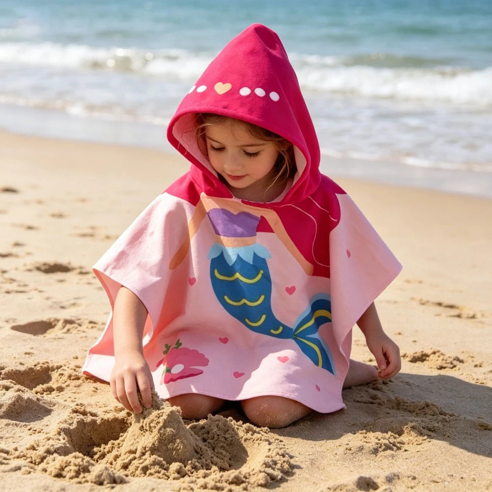 60-120cm Kids Hooded Bath Beach Poncho Towels Baby Quick Dry Bathrobe Child Cartoon Cloak Poncho Towels Microfiber Swim Cover-up
