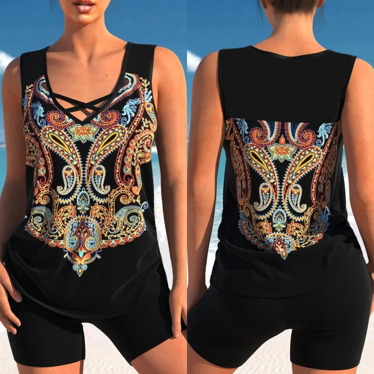 New Large Size Quick Dry Women's Shorts Strap Conservative Separate Bikini Swimsuit Flat Angle Vest Two Piece Swimwear Set