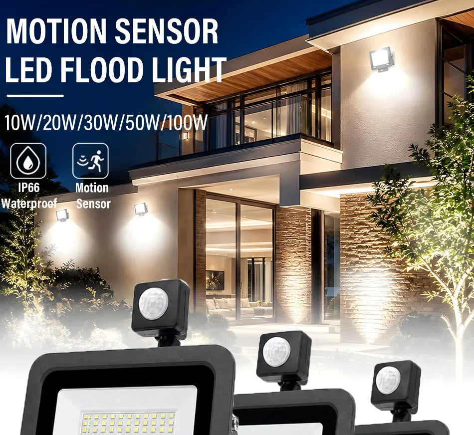 LED Motion Sensor PIR 220V Flood Light White Outdoor Wall Light 10W 20W 30W 50W 100W IP66 Street Light Outdoor Garden Lamp