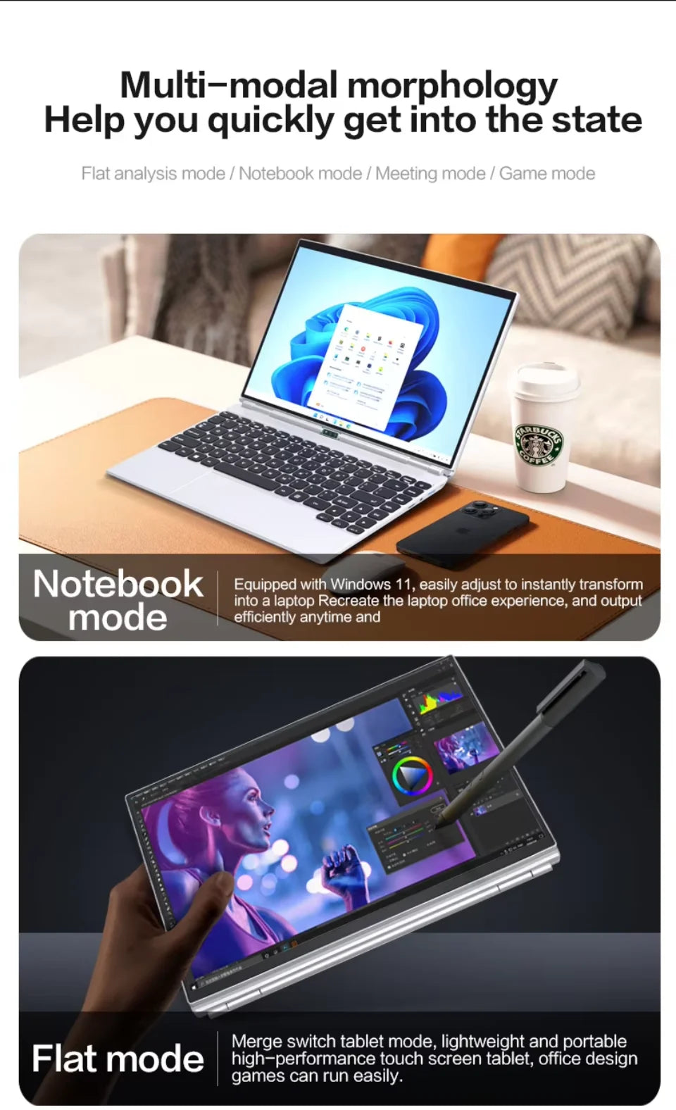 360° Rotating 14.0'' IPS Touch Screen 32G 128G-1T N95 Windows 11 Notebook 4 In 1 Business Office Slim LAPTOP facial recognition