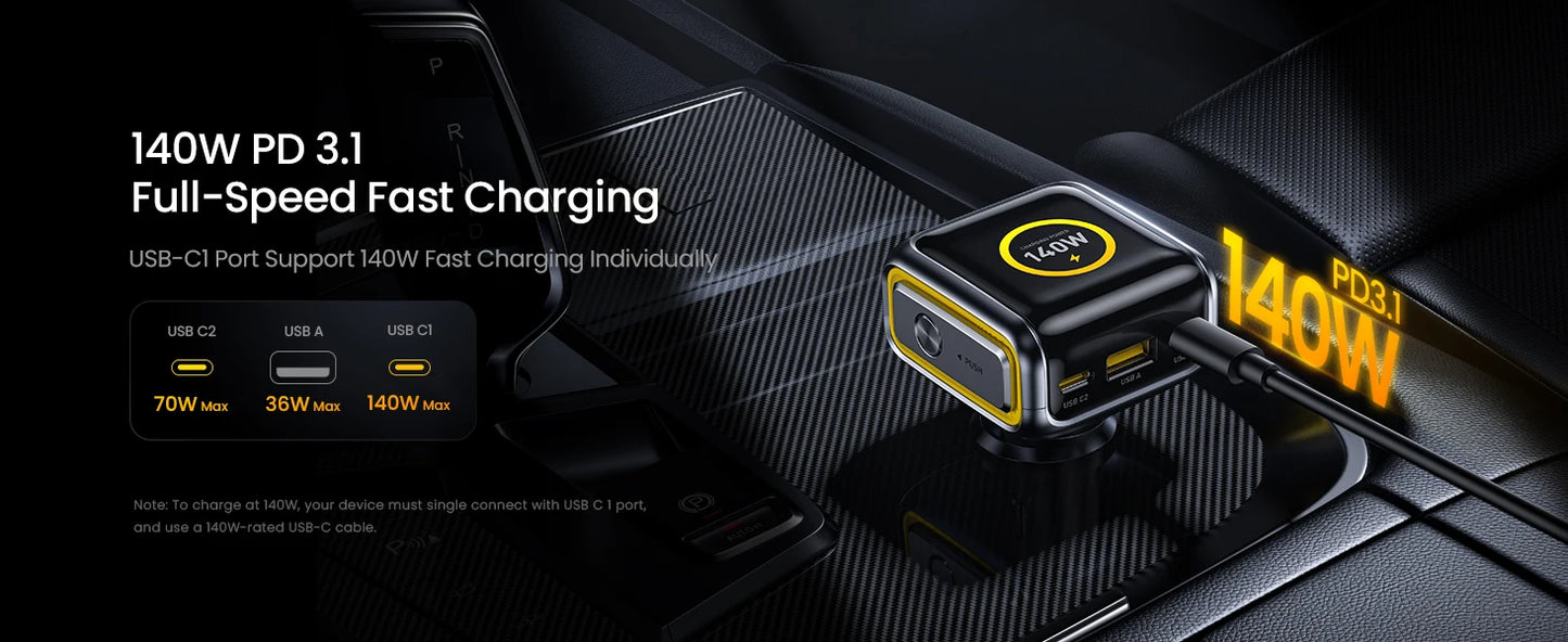 AOHI THE FUTURE Car Charger  AI PD GAN+ 170W 3-Port LED Display Fast Car Charger