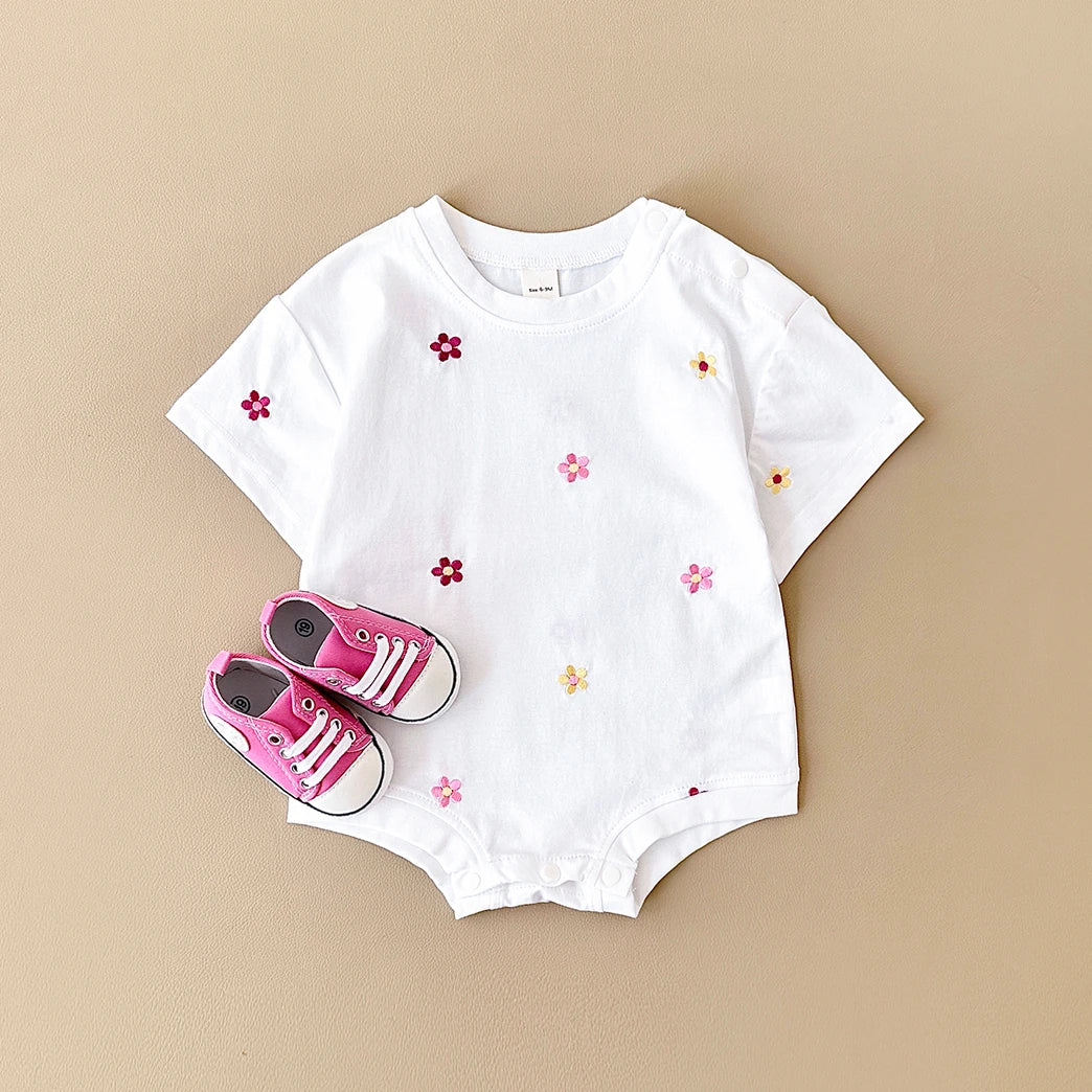 2024 Newborn Summer Baby Romper Floral Print Round Neck Short Sleeved Cotton Girls Child Clothing Jumpsuit 0-18M Infant Bodysuit