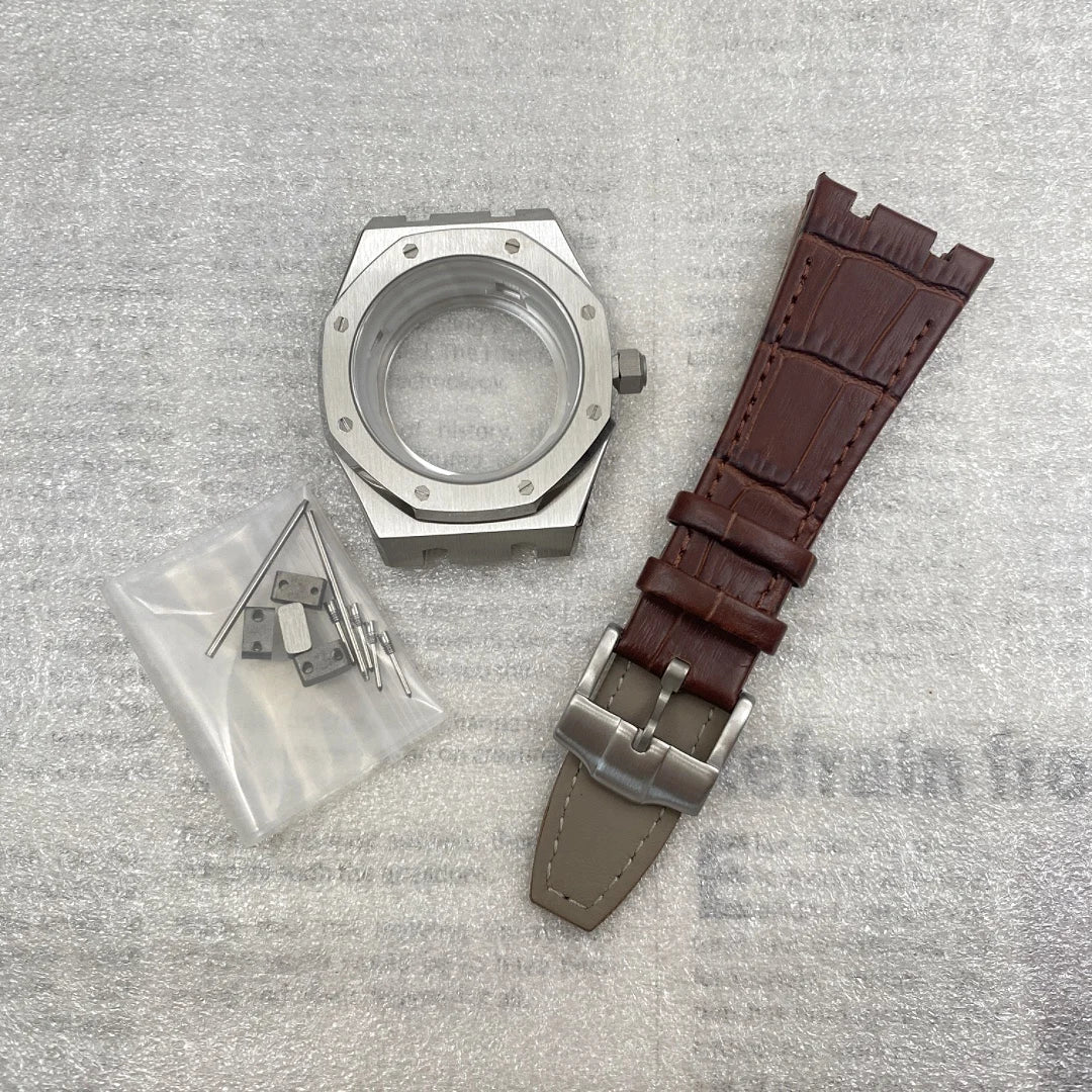42mm Octagonal Watch Case Leather Bracelet Fit 31.8mm Waffle Dial Sapphire For NH35/36 Automatic Movement Pin Buckle Mod Parts