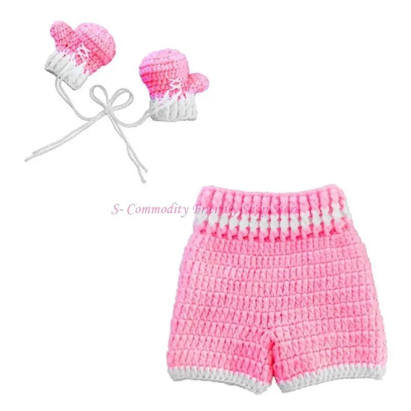 Newborn Photography Set Bath Gift Woven Photography Props Boxing King Blue Red Pink Boxing Suit Handmade Crochet