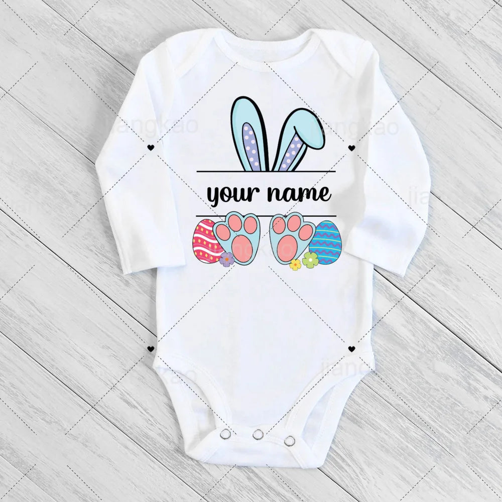 Personalized Easter Romper Easter Bunny Romper Custom Name Baby Girls Cute Outfit Newborn First Easter Party Clothes