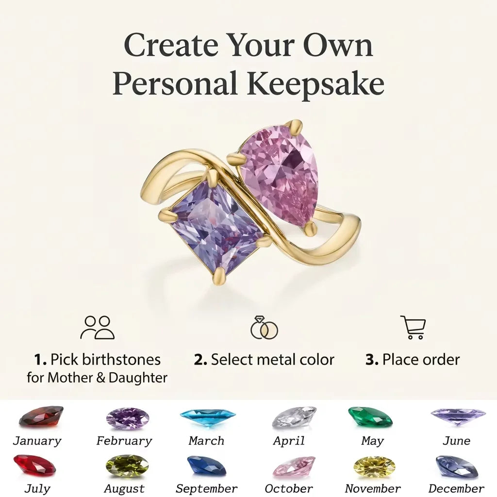 Custom Mother Daughter Birthstone Ring Personalized Infinity Bond Two Stone Ring 18K Gold Plated Jewelry Gift for Mom