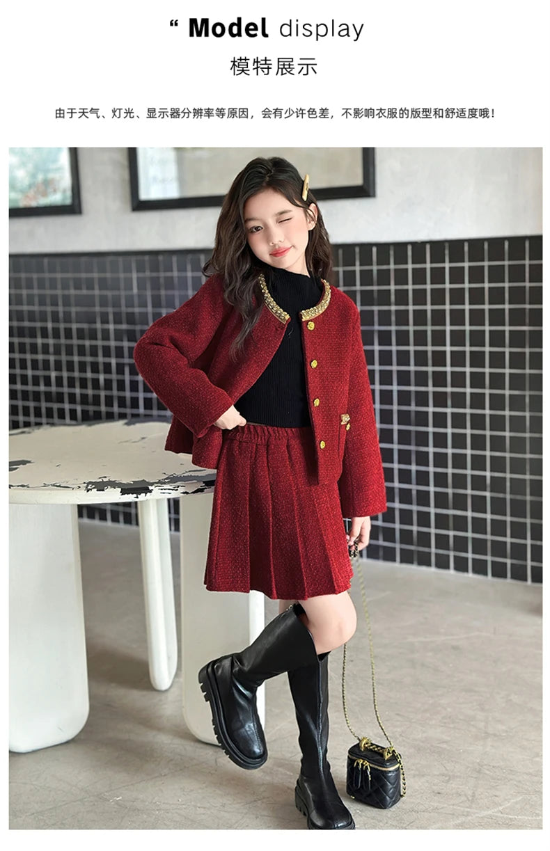 design winter teen girl clothes set beaded round neck jacket+Pleated skirt 2pcs Christma junior children outfit kids suit 4-14