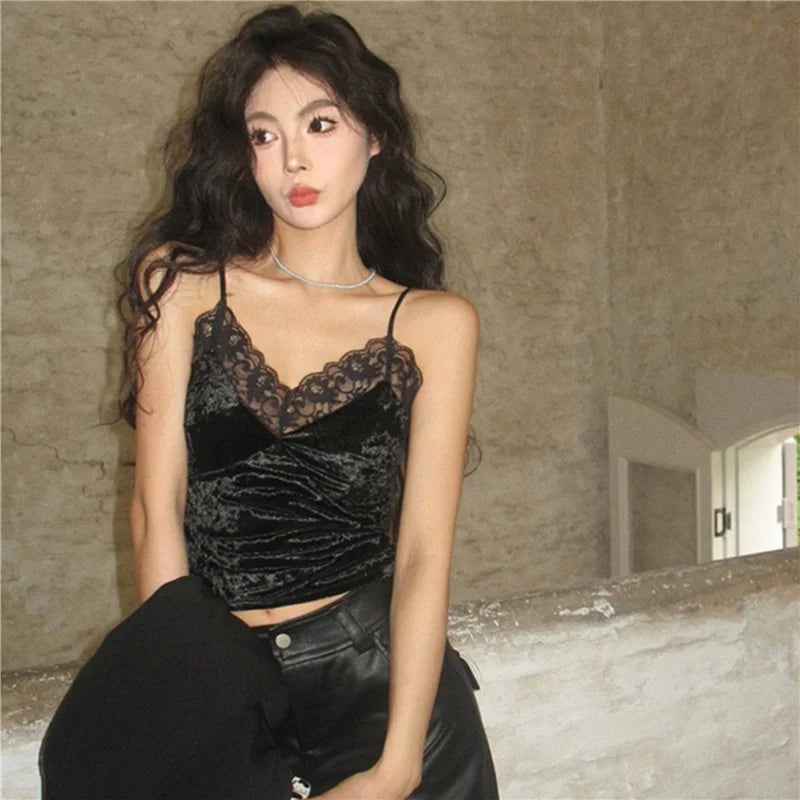 Lace Patchwork Velvet Csole Women's ort Sle Inner Wear Pad Included Slim Fit Base irt Top for Autumn Winter
