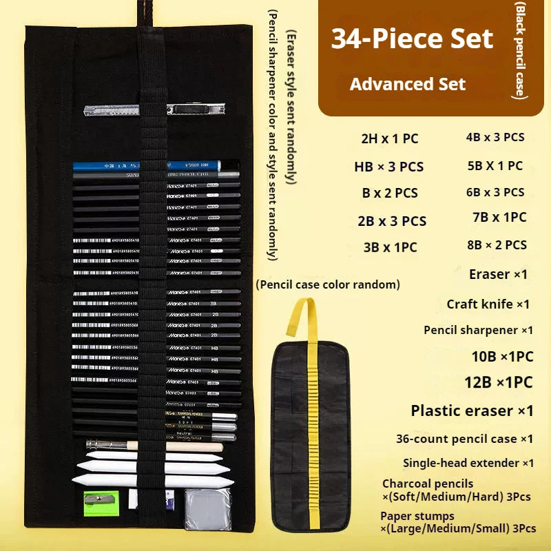 Sketching Pen Set Drawing Kit Student Portable Pen Curtain Charcoal Pencil Sketch Pencil Charcoal Stick Sharpener Eraser Set Box