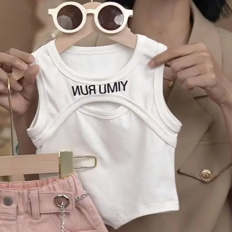 Girls' Summer Clothing Set 2025 New Children's Tank Top Denim Shorts Two Piece Set Girls' Elegant Summer Fashion