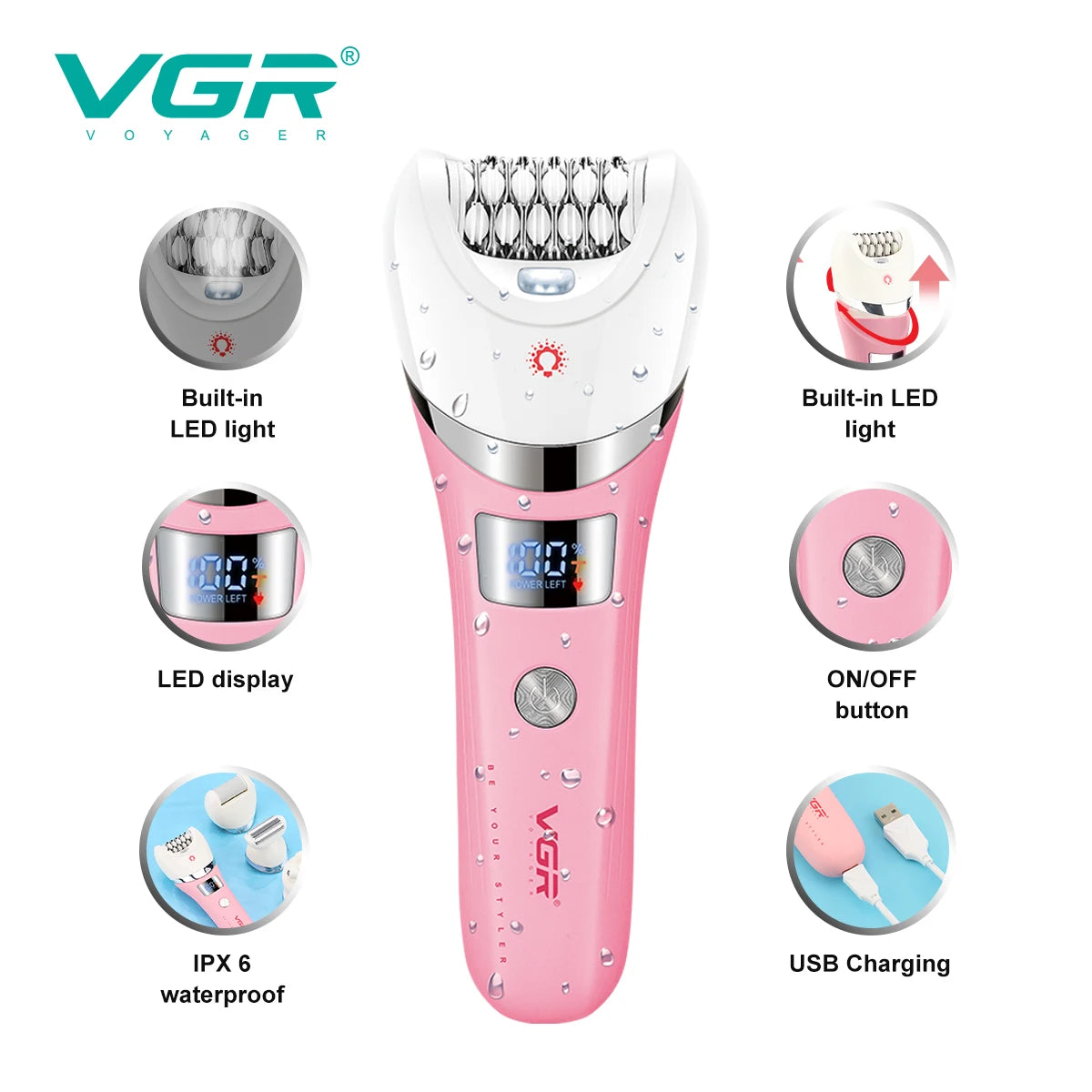 VGR Hair Removal Professional Body Care Trimmer 5in1 IPX6 Waterproof Hair Trimmer LED Two Speeds Electric Razor for Women V-759