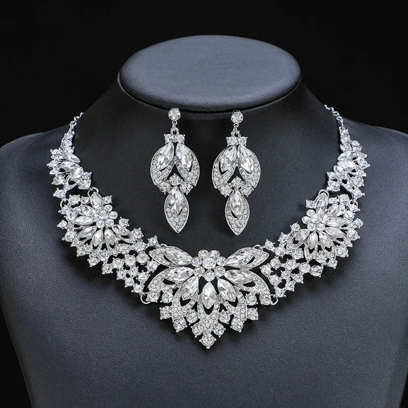 Advanced design retro necklace earring set leaf Multicolored flowers luxurious crystal jewelry bride's wedding dress accessories