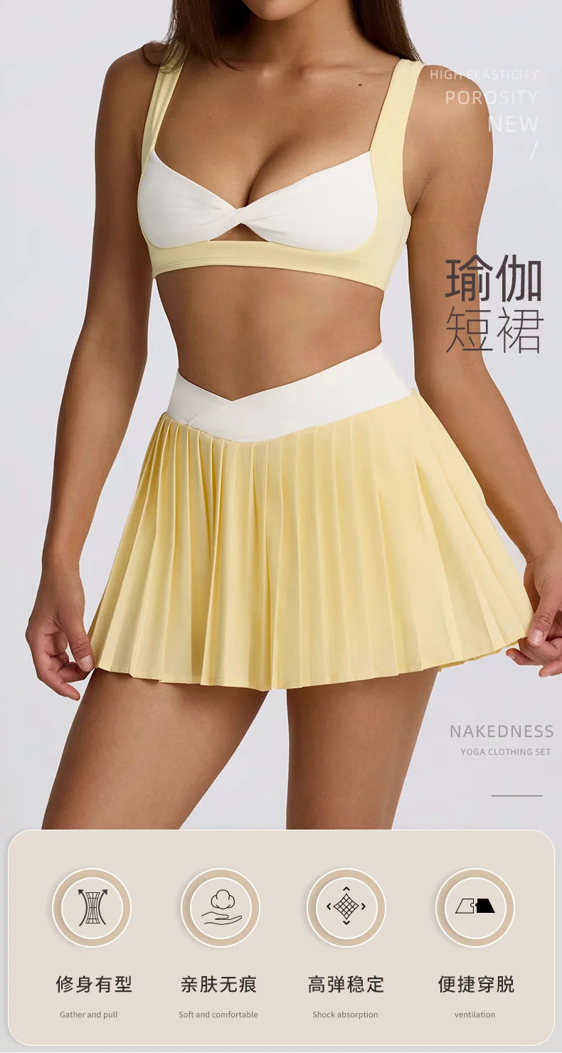 Women's High-Waisted Illusion Two-Piece Skort Quick-Dry Breathable Anti-Chafing Pleated Skirt for Running Gym Tennis