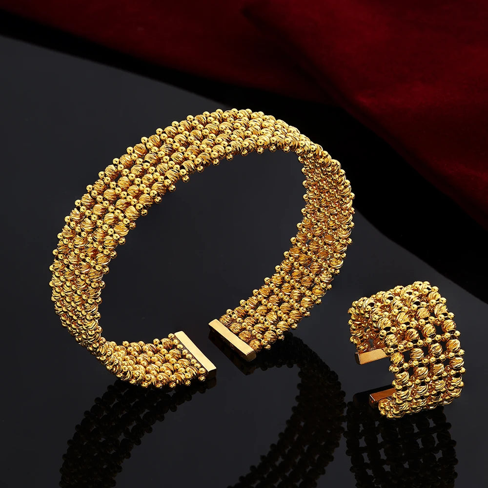 Luxury Cuff Bangles and Ring Set Gold Color Beads Arabic Dubai Wedding Bridal Jewelry Set Women Party 2 pcs Hand Jewelry