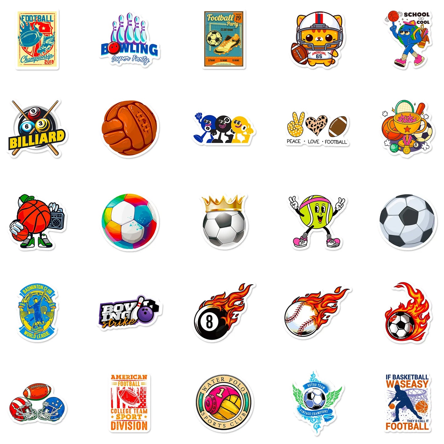 50 PCS Sports Stickers, Soccer Football Volleyball Golf Basketball Stickers, Sports Ball Stickers for phone