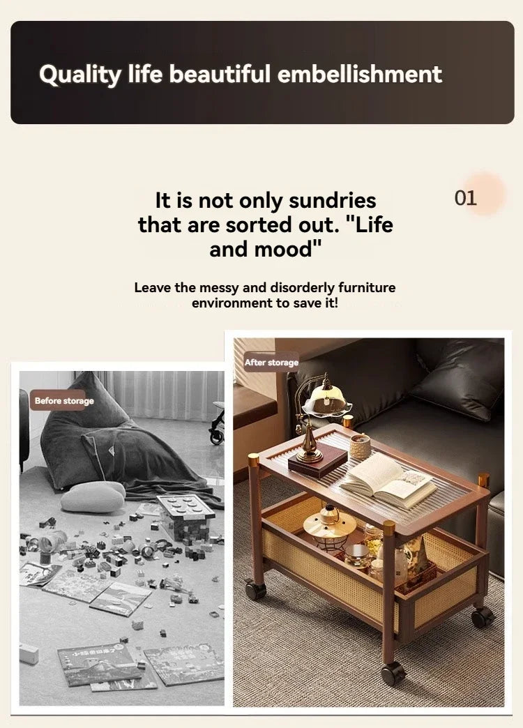 Sofa side table, movable coffee table, small cart, living room small table, bedside side cabinet with wheel storage rack