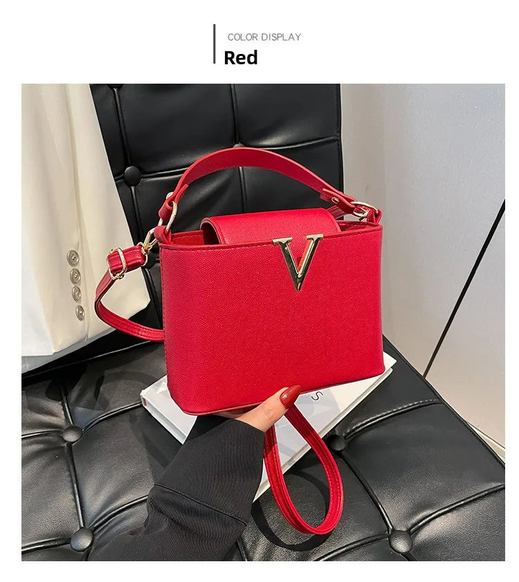 Luxury Women's Tote Bag, Chic V Shaped Stylish Pu Leather Bucket Bag, Top Cover Handbag Women Shoulder Crossbody Bag for Woman