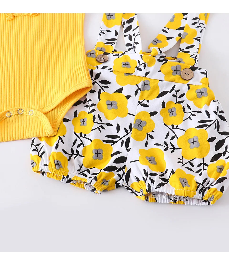 Summer Baby Girl Clothes Set Fashion Newborn Infant Knitting Cotton Ruffles Romper Shorts Bow Headband 3Pcs For Toddler Outfits
