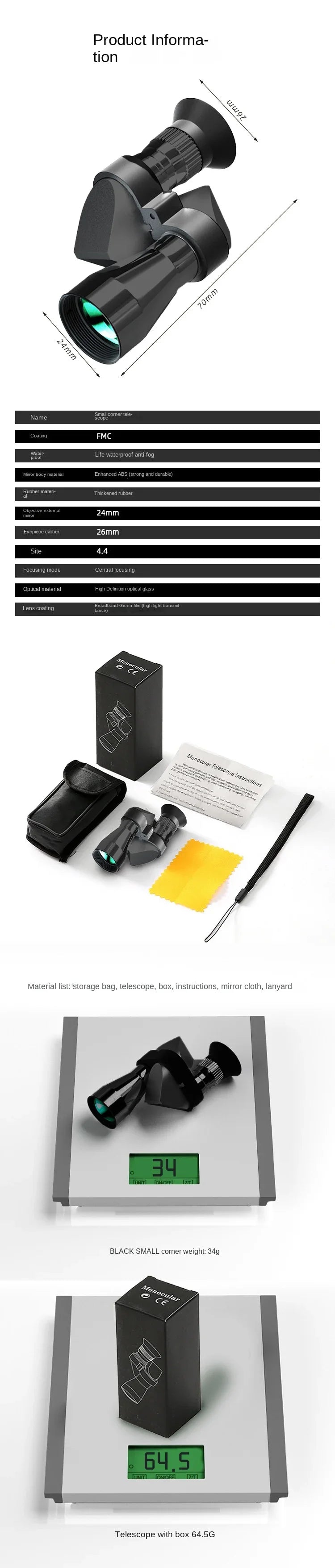 Portable high-definition monocular telescope with high magnification zoom, hunting, camping, mountaineering, outdoor fishing