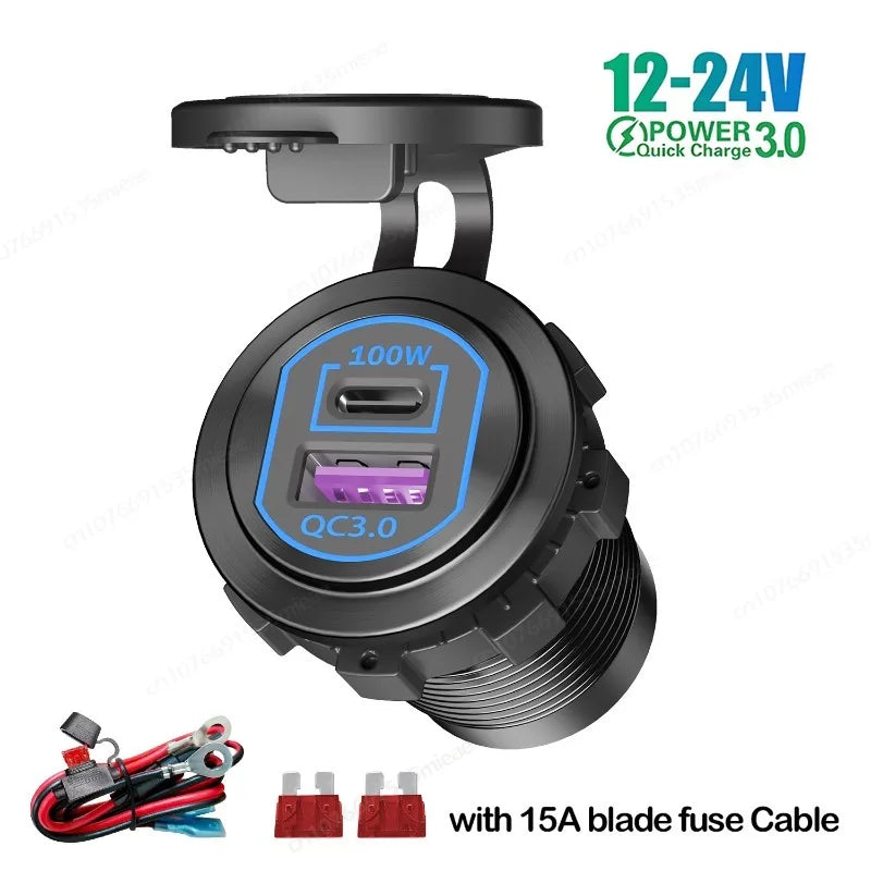 118W 12V USB Outlet Car Charger 100W PD3.0 & 18W QC3.0 Car USB Fast Charging Ports Aluminum Socket for Car RV Marine Golf Cart