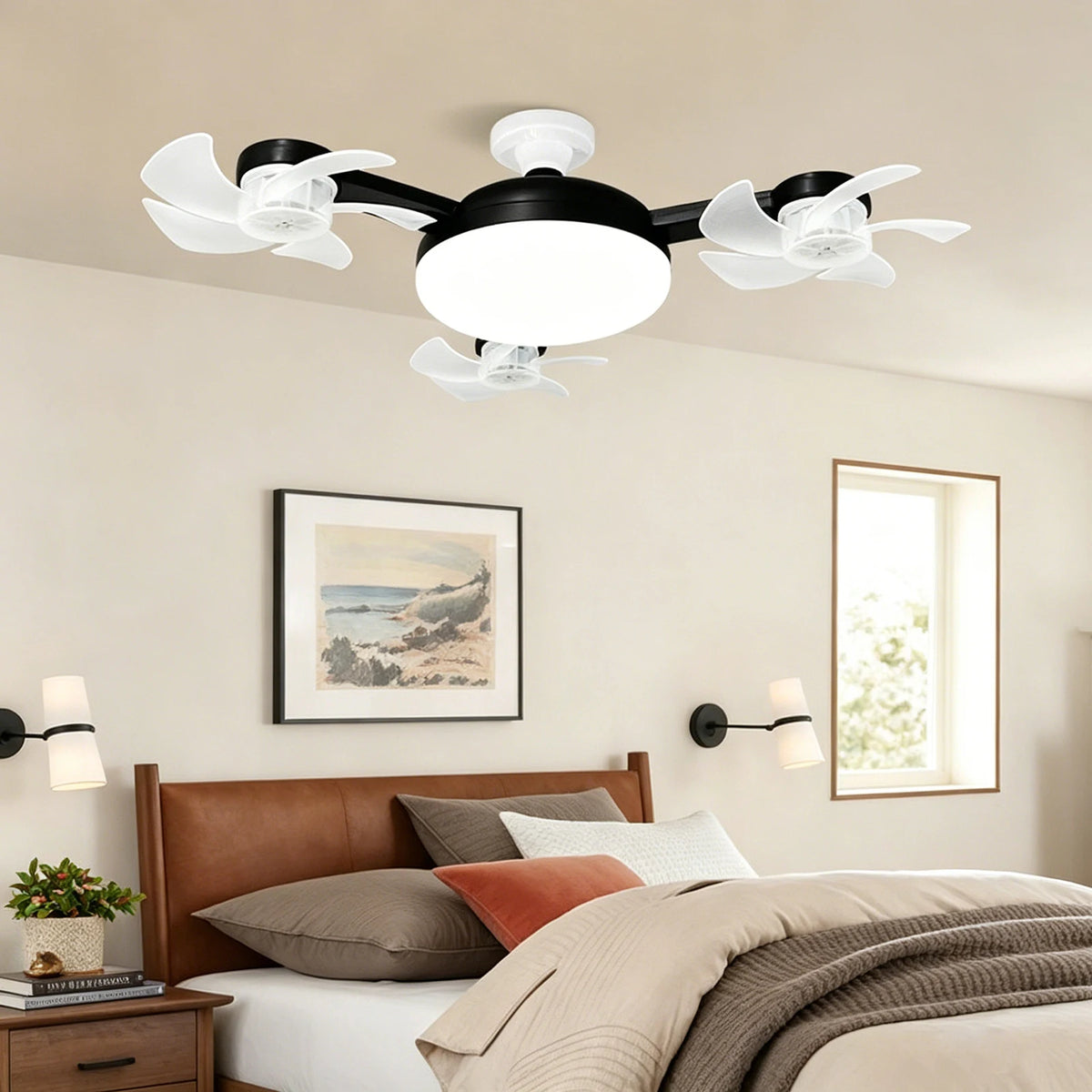 E27 Dimmable LED Socket Drone Fan Light with RC & Extension Rod 2 In 1 Hanging Fans 3-Speed for Bedroom Kitchen Working Space