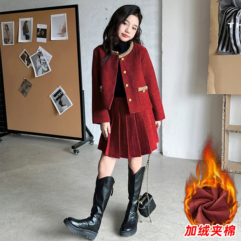 design winter teen girl clothes set beaded round neck jacket+Pleated skirt 2pcs Christma junior children outfit kids suit 4-14