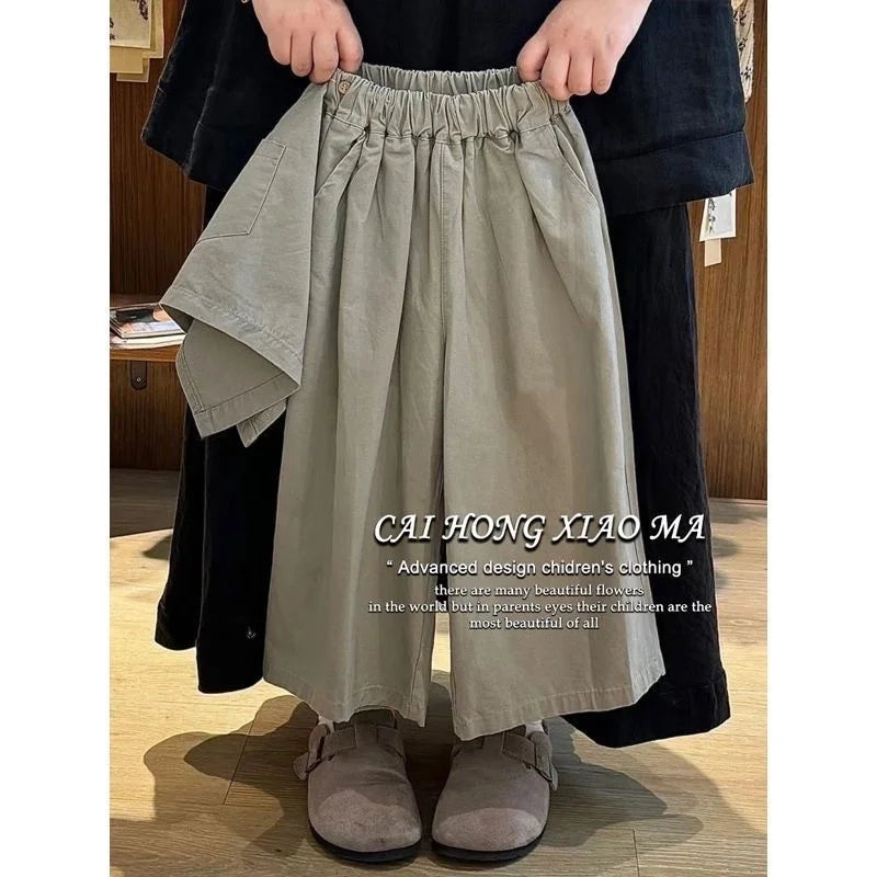 Girls Wide-Leg Pants Spring Summer 2025 New Apron Straight Pants Children Loose Casual Trousers Unique Kids Clothes 2-8 Years