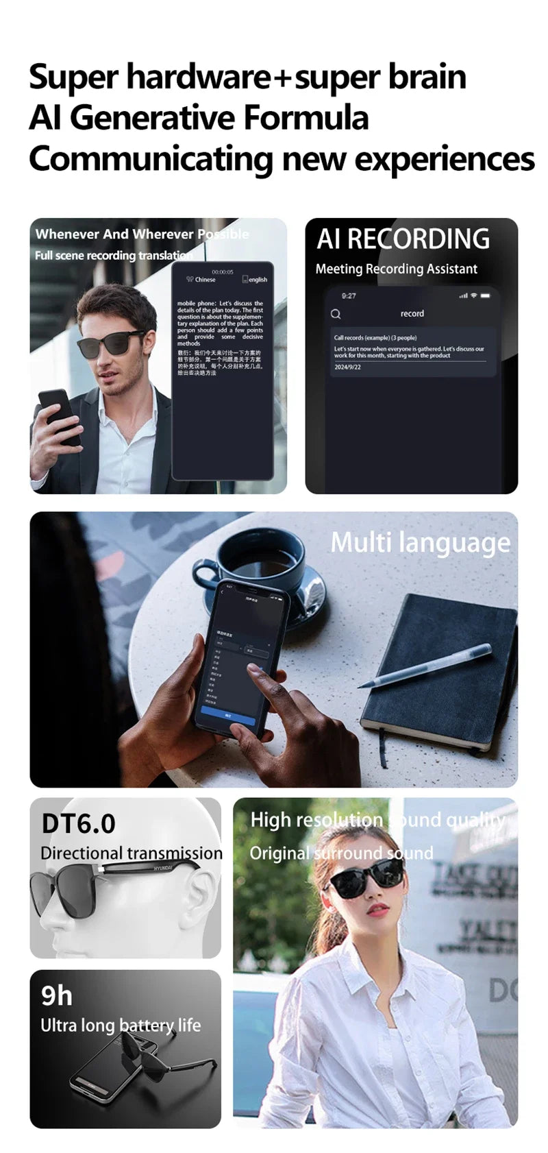 Smart Glasses AI Intelligent Translation Wireless Bluetooth Glasses With Real-time Simultaneous Interpretation Headset 2025 New