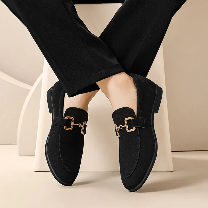 Loafers Men Shoes Black Beige Flock Round Toe Metal Decoration Men Dress Shoes Slip on Men Shoes