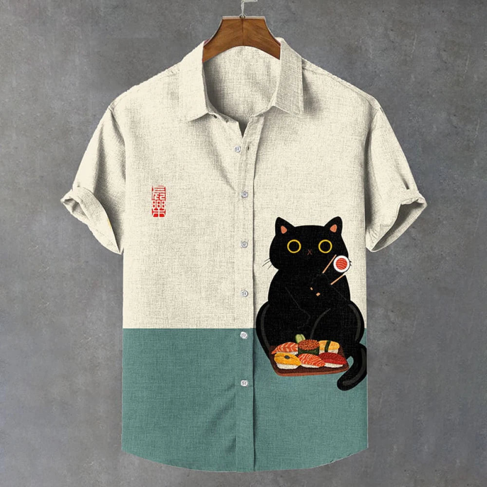 Summer Men's Shirt Animal Pattern Print Cat Shirts Casual Short Sleeve Streetwear Fashion Oversized Male Clothing Cardigan Top