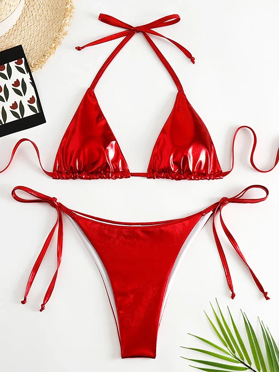 Sexy Metallic Halter Bikinis Sets Lace Up Triangle Tie Side Bikini 2026 Swimsuit Women Swimwear Brazilian Female Bathing Suits